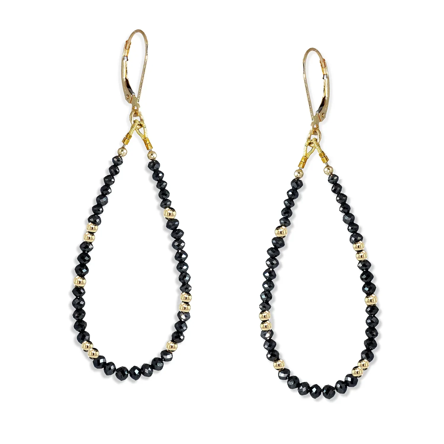 14k Gold Bead and Black Diamond Asymmetrical Earrings - Image 3