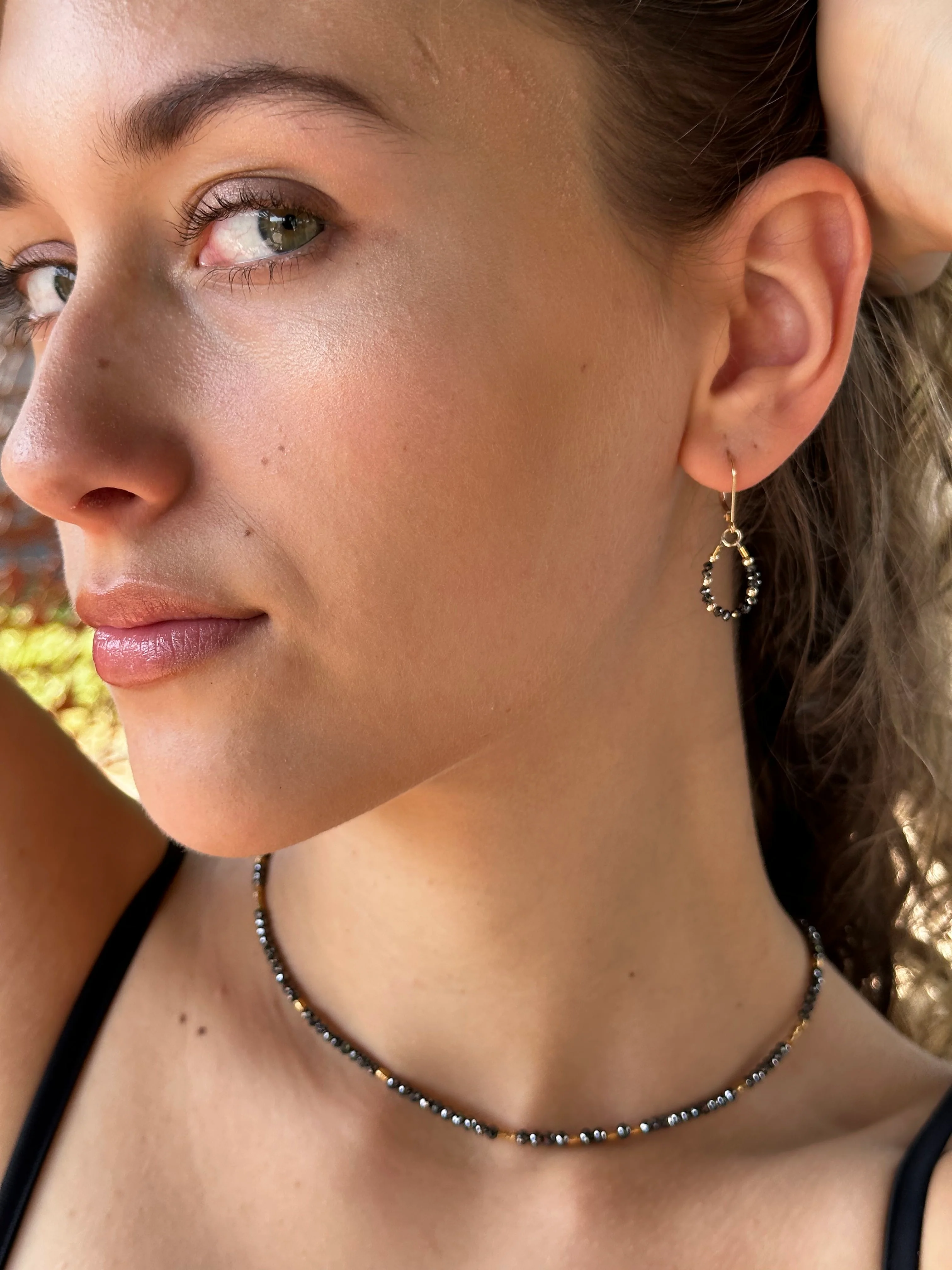 14k Gold Bead and Black Diamond Asymmetrical Earrings - Image 4