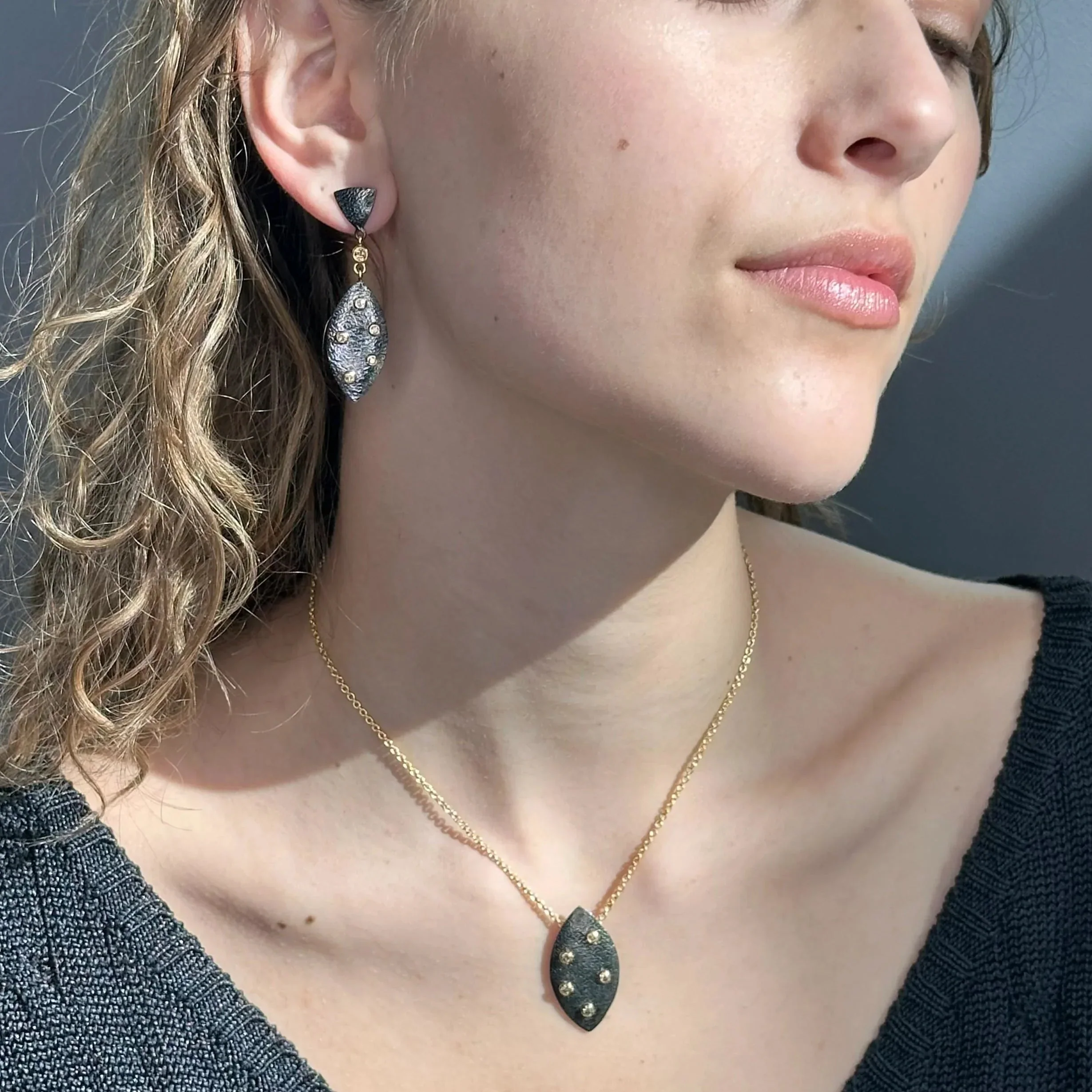 14k Black Rhodium Champagne Diamond Triangle Post Earrings - Image 2