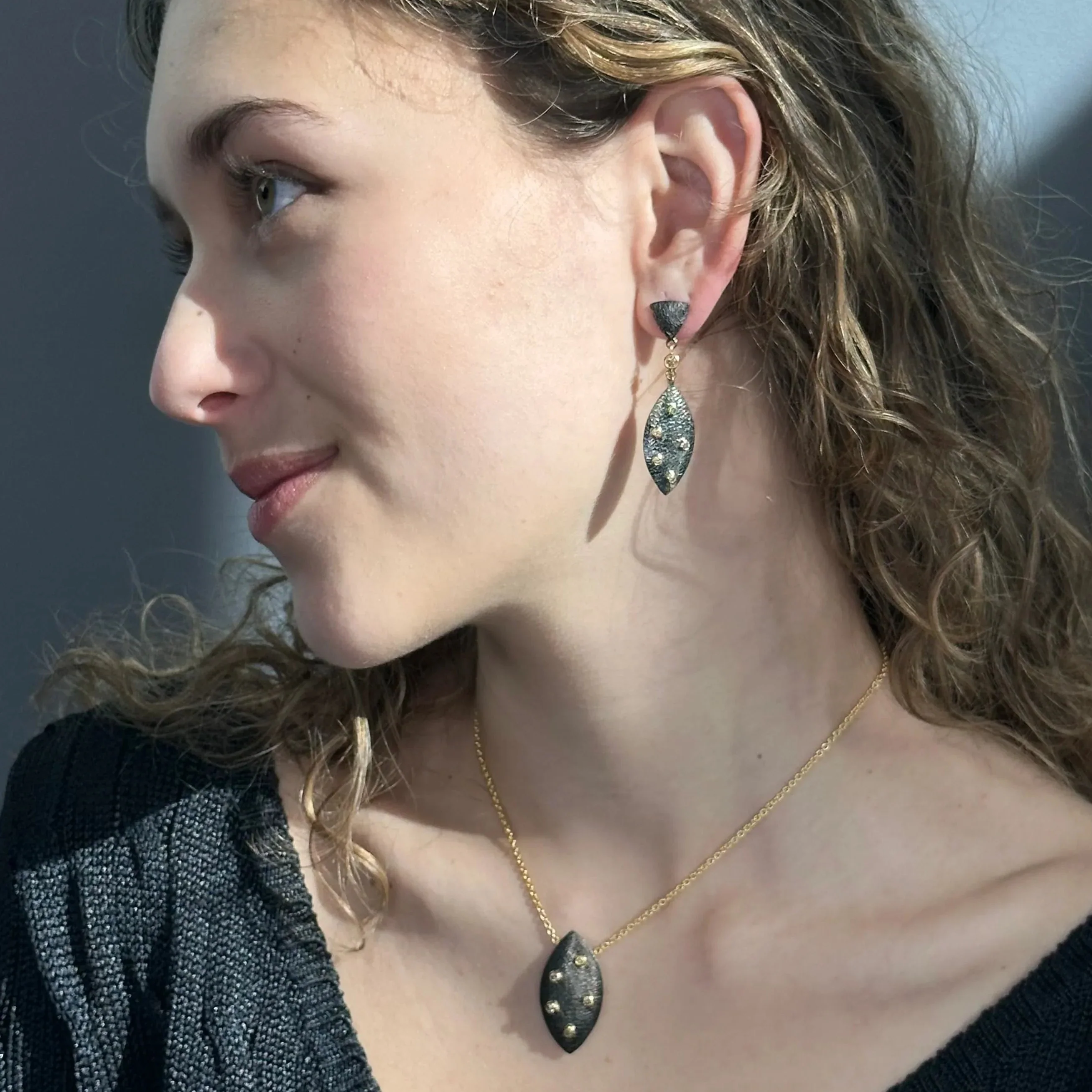 14k Black Rhodium Champagne Diamond Triangle Post Earrings - Image 3