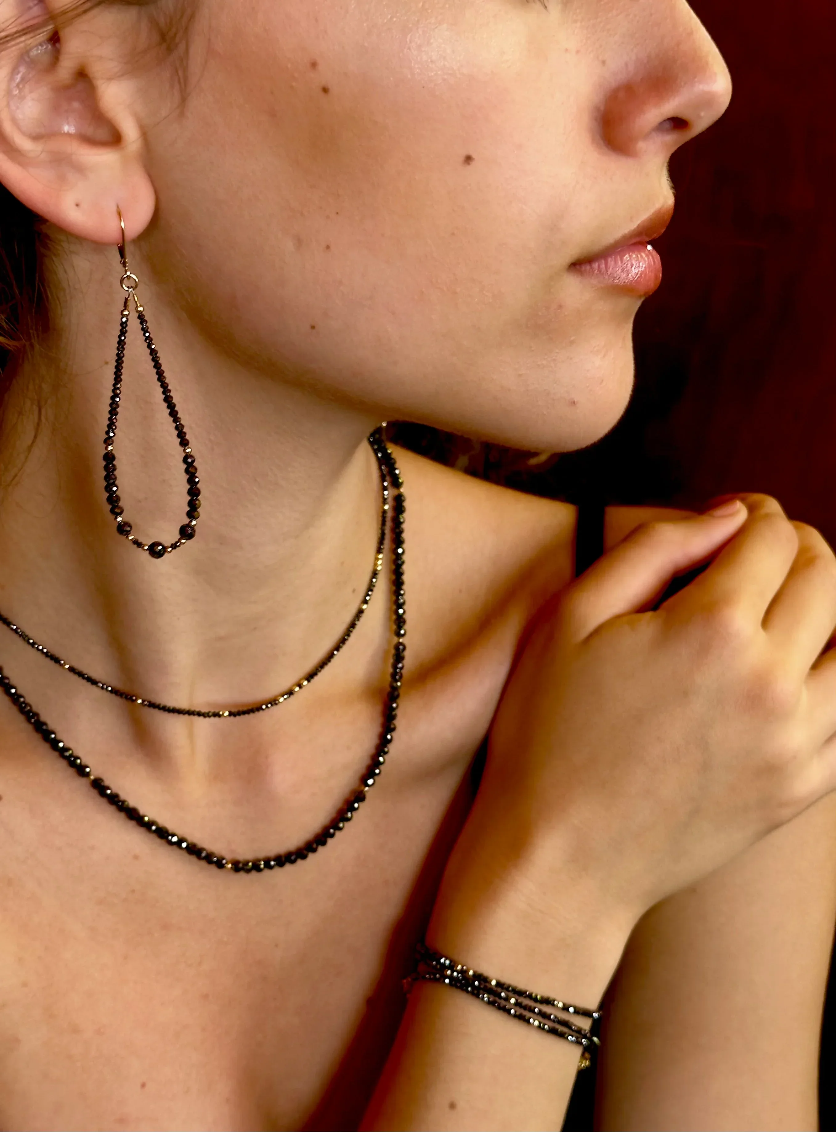 14k Gold Bead and Graduated Black Diamond Symmetrical Earrings - Image 3