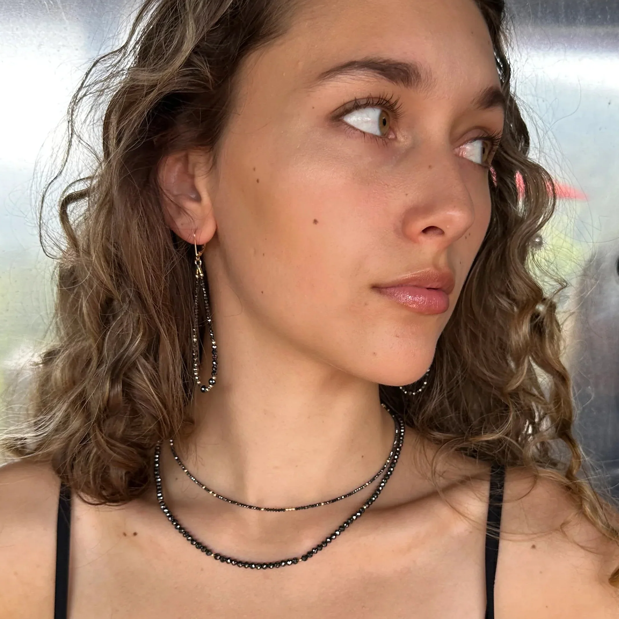 14k Gold Bead and Graduated Black Diamond Symmetrical Earrings - Image 4