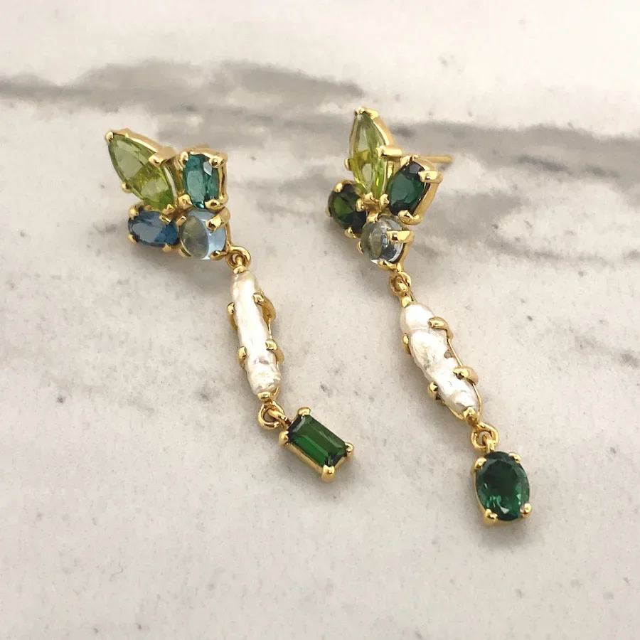 14k Gold Dangle Earrings with Stick Pearl and Gemstones - Image 3
