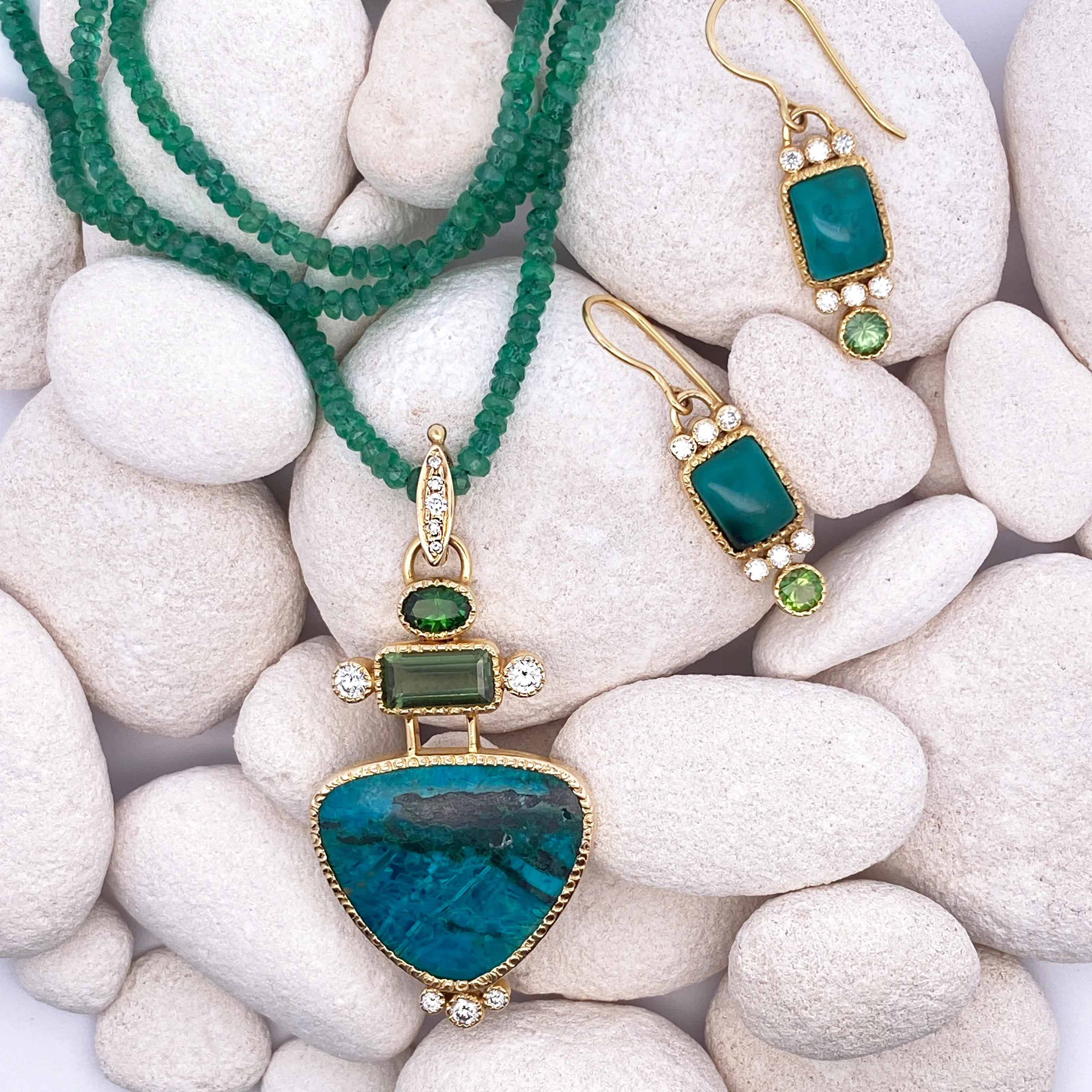14k Gold Gem Silica Shattuckite, Tourmaline and Diamond Pendant - Image 3
