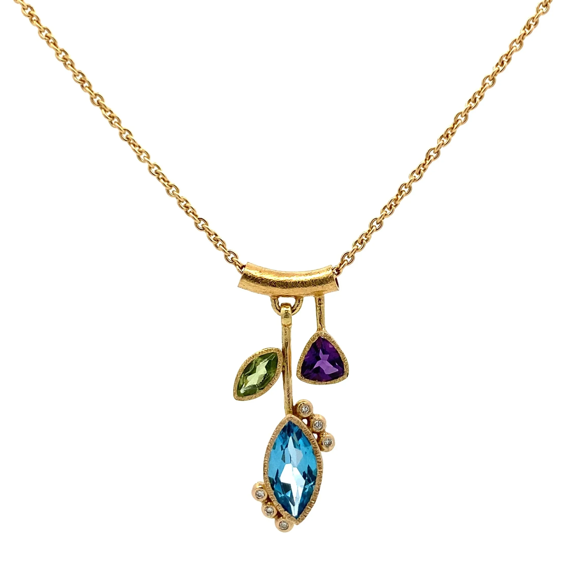 3 Stone Petal Pendant Blue Topaz - 14k Gold with White Diamond - Image 2