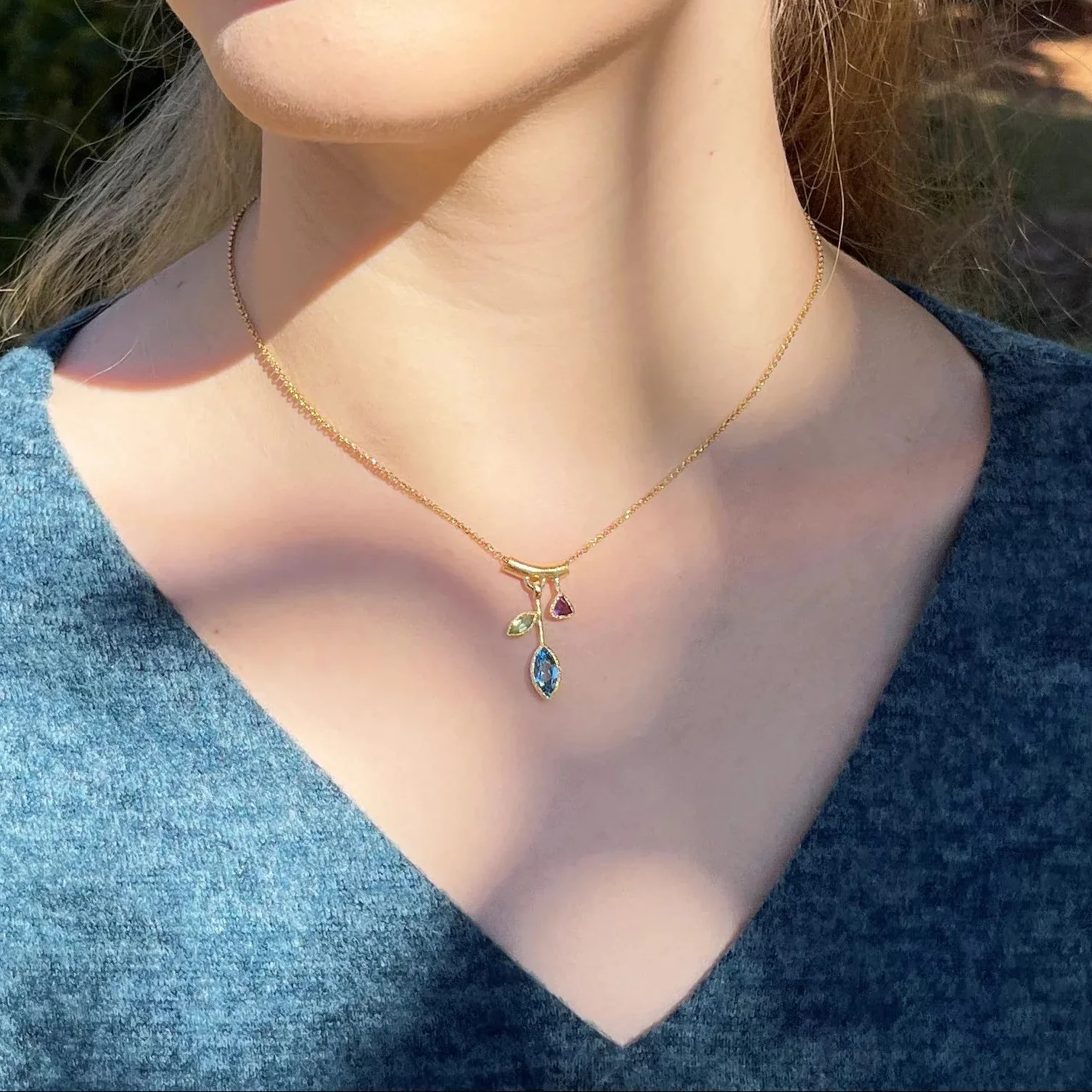 3 Stone Petal Pendant Blue Topaz – Small Gold - Image 3