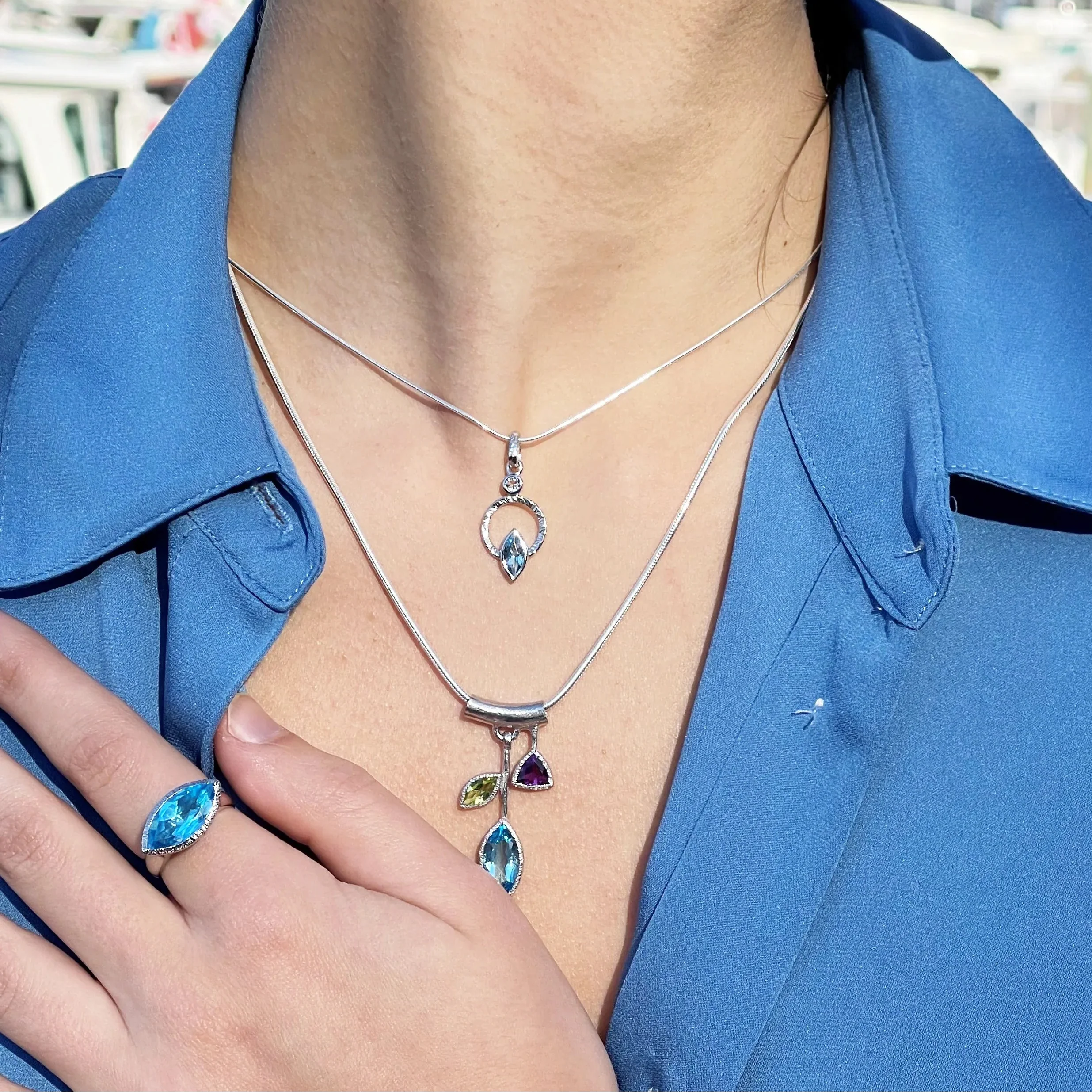 3 Stone Petal Pendant Blue Topaz - Silver, White Rhodium - Image 3