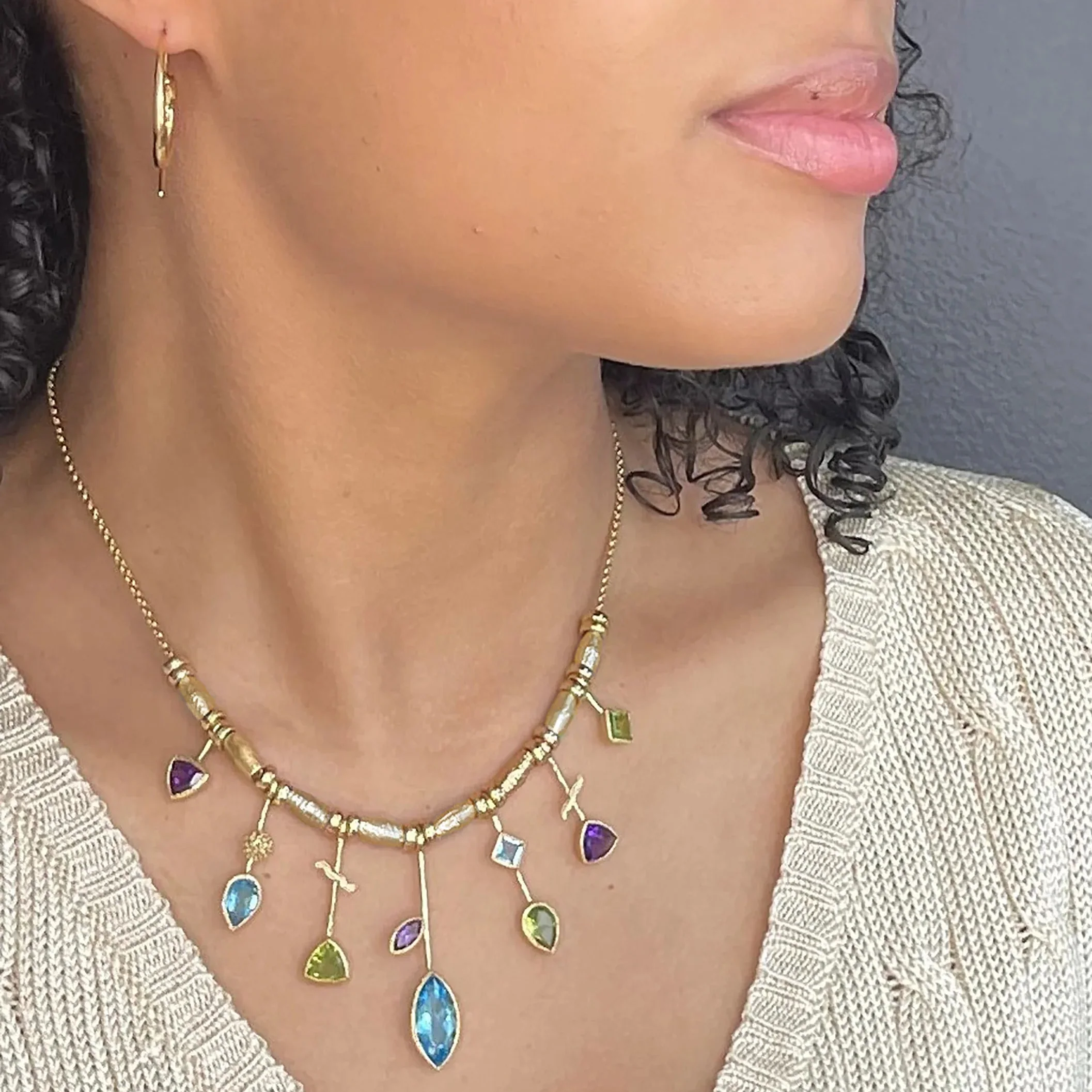 7 Stick Edge Necklace - Blue Topaz, Gold - Image 2