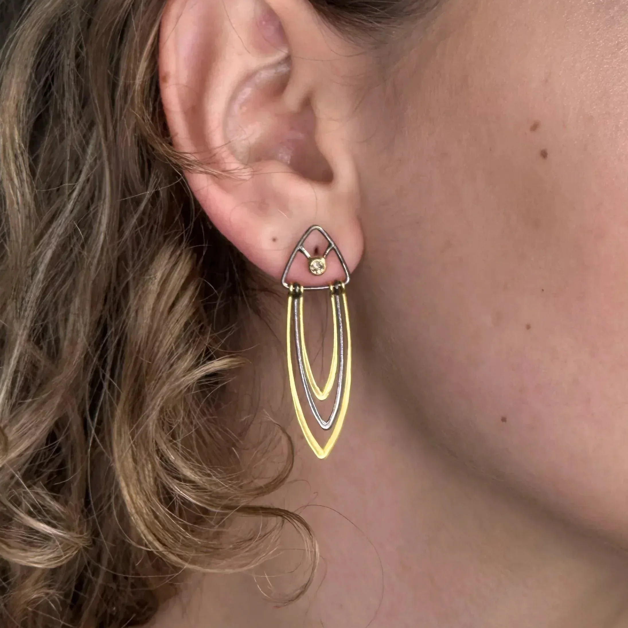Black and 14k Gold Element Earrings with Champagne Diamond - Image 2