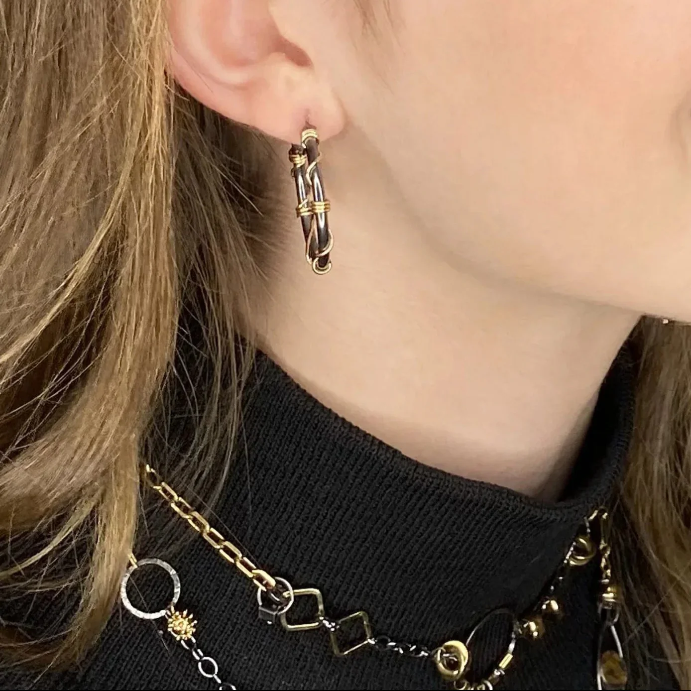Unique Hoop Earrings - Black and Gold Wrapped - Image 4