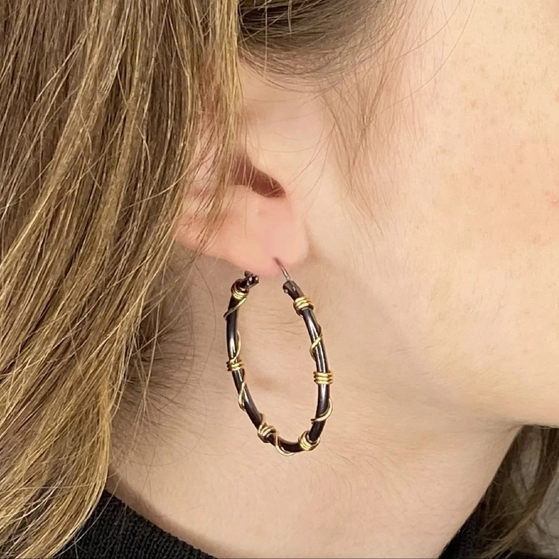Unique Hoop Earrings - Black and Gold Wrapped - Image 7