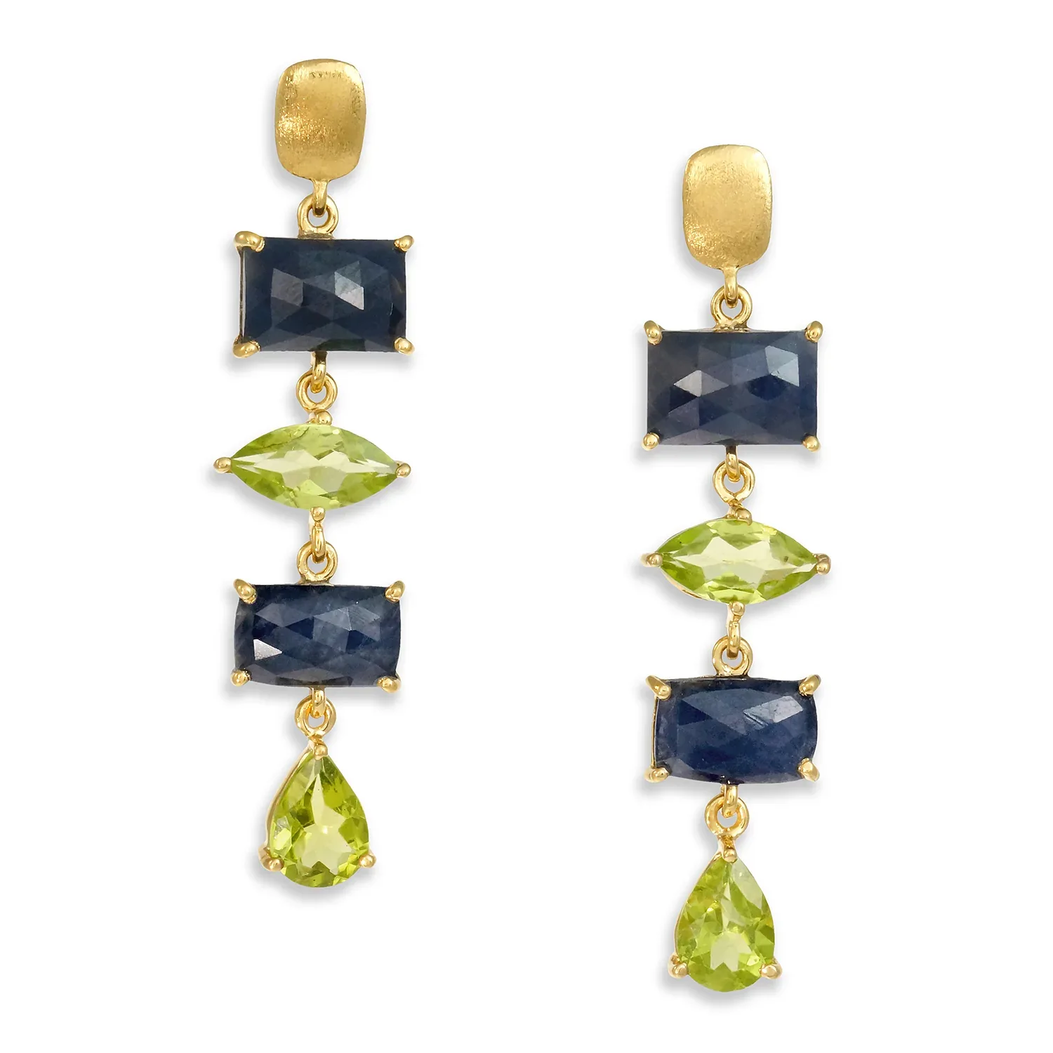 Rose Cut Blue Sapphire Slices with Peridot Gold Earrings