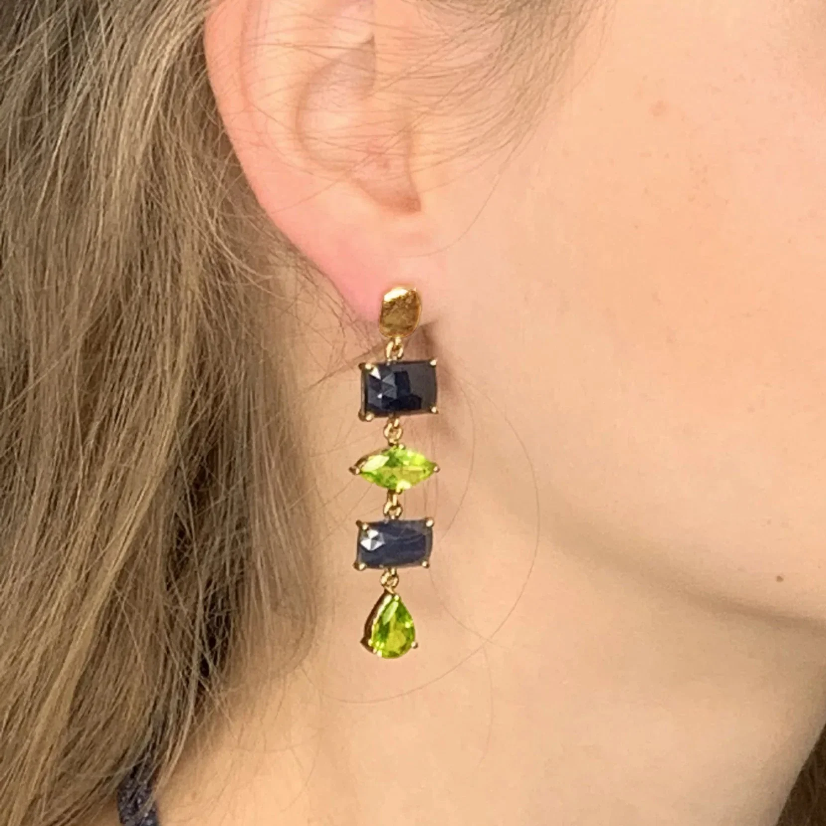 Rose Cut Blue Sapphire Slices with Peridot Gold Earrings - Image 2
