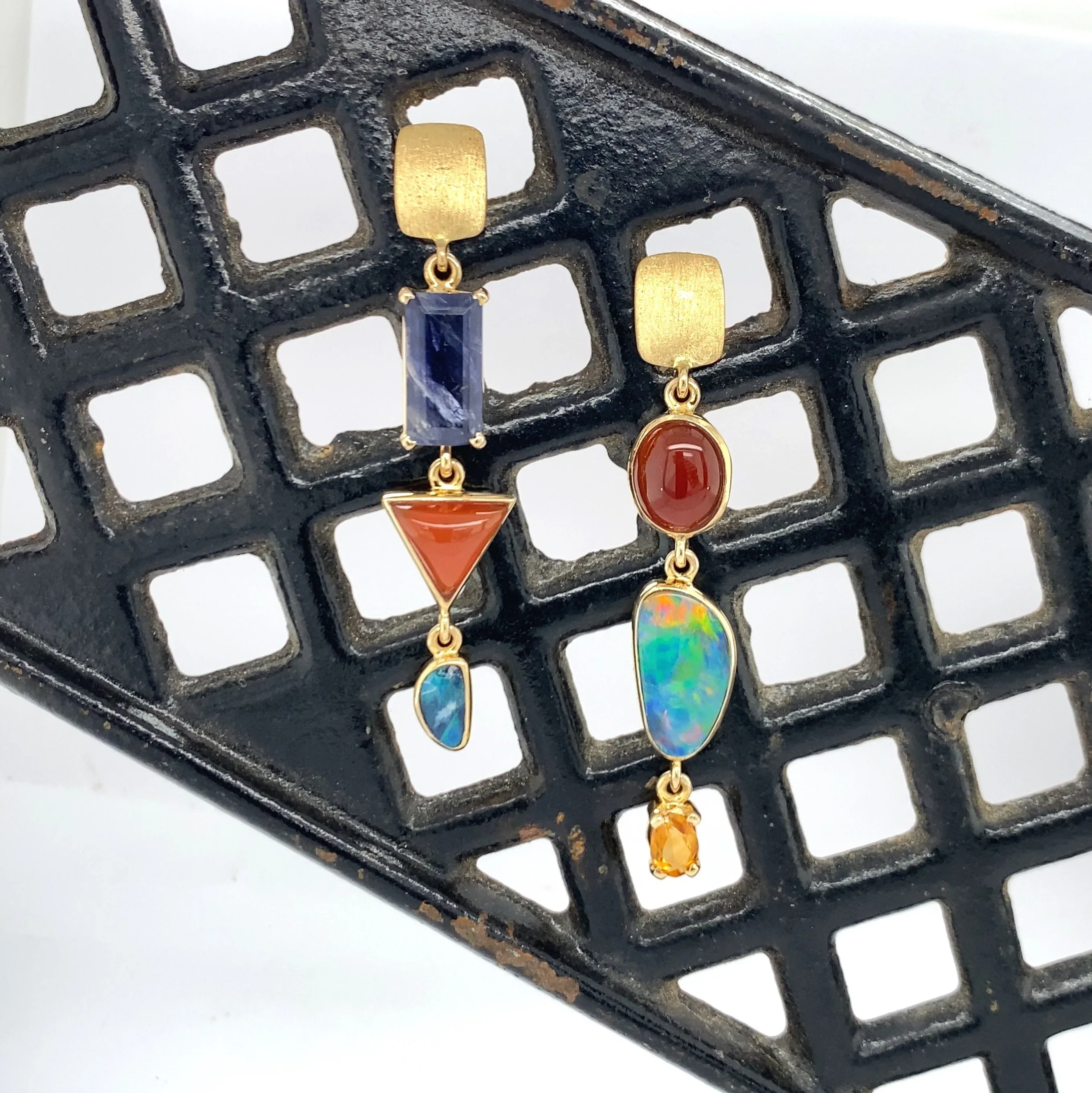 14k Gold Asymmetrical Opal, Carnelian & Multi-Stone Earrings - Image 3