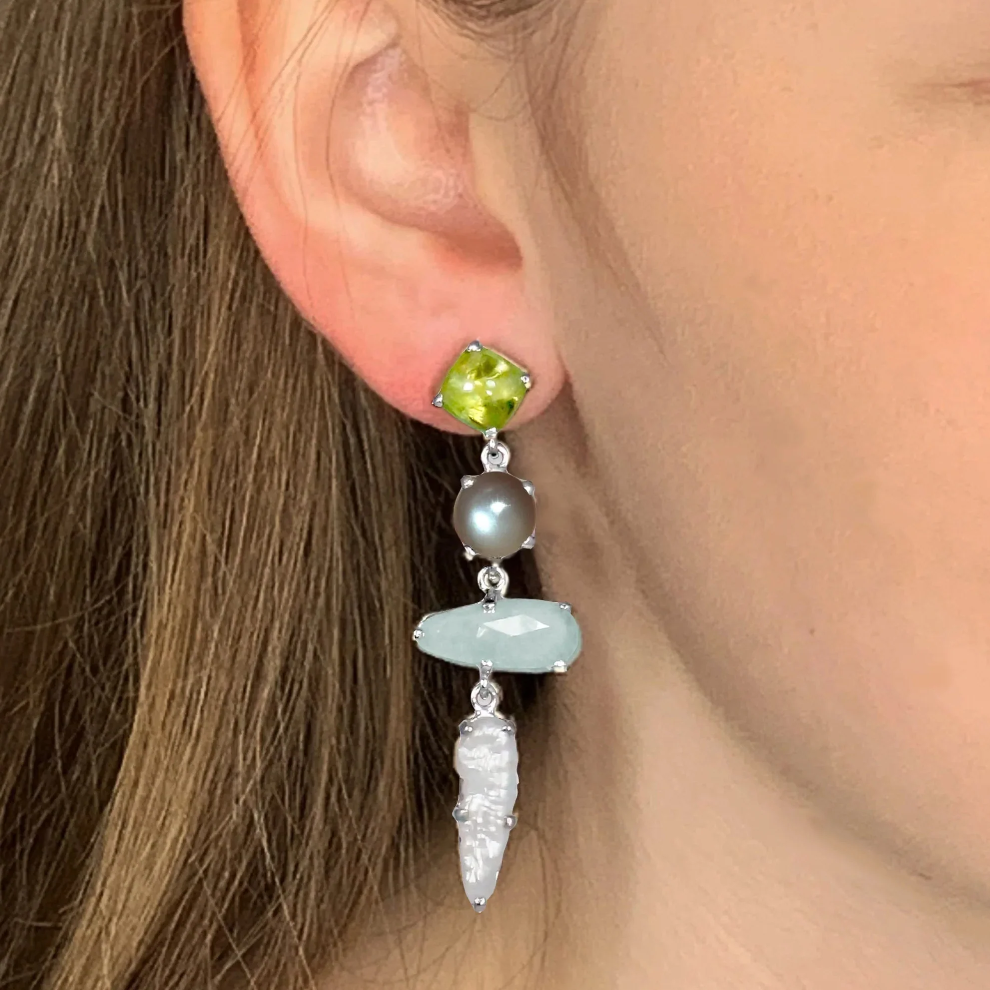 Pearl & Peridot Silver Earrings - Image 3