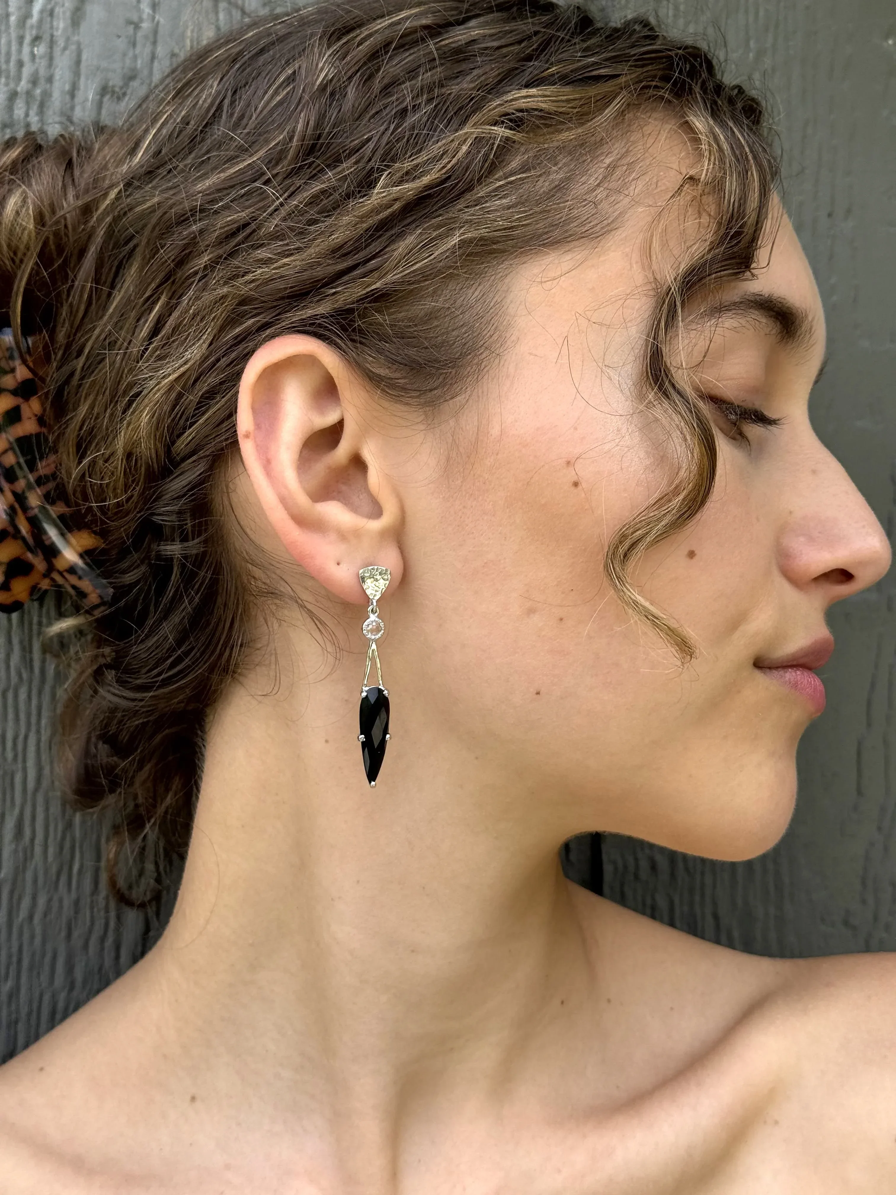 Silver Triangle Top Black Spinel and White Topaz Earrings - Image 3