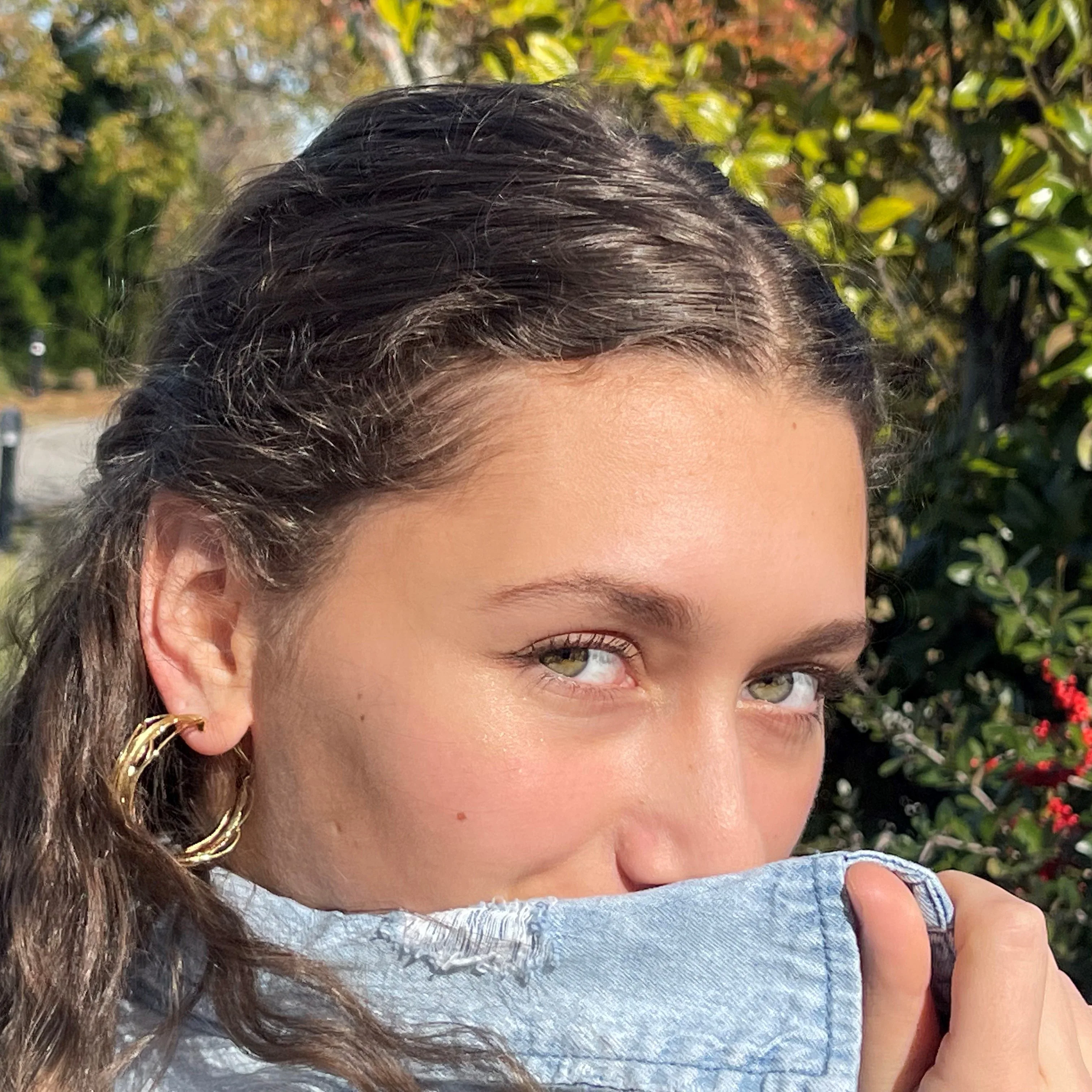 Gold Edge Post Hoops - Large Omega Clip Earrings - Image 3
