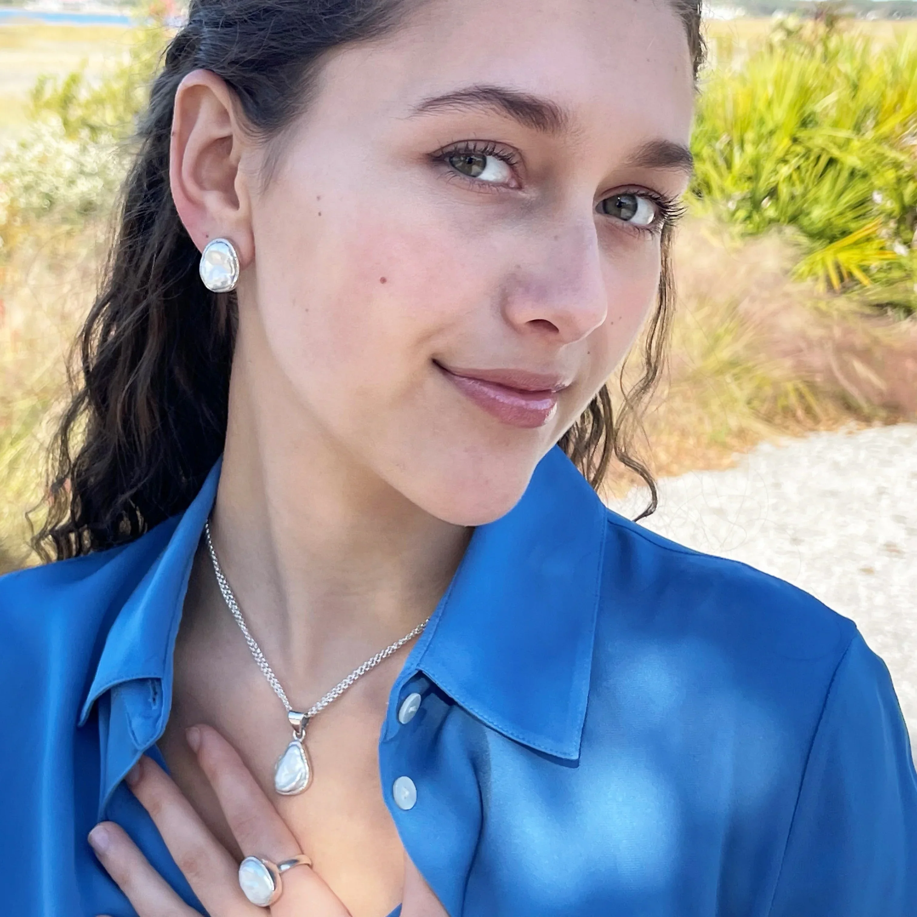 Silver Baroque Pearl Post Earrings - Image 3